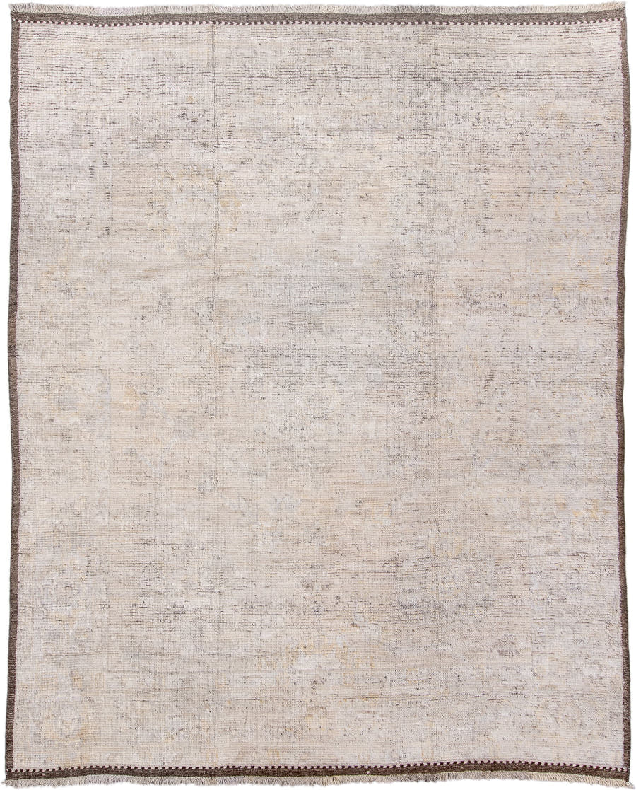 8' x 10' one-of-a-kind handmade vintage Tulu large size rug. Color palette: ivory, taupe, brown, camel, gray, beige