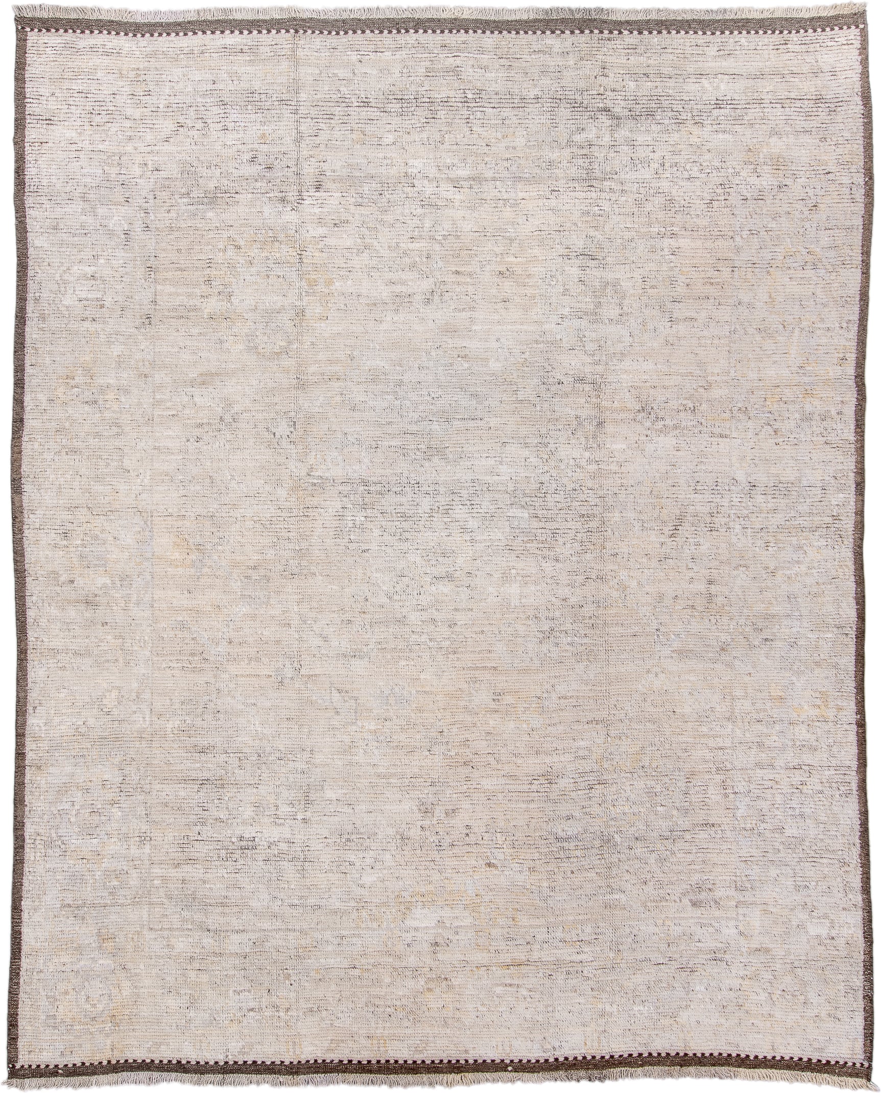 8' x 10' one-of-a-kind handmade vintage Tulu large size rug. Color palette: ivory, taupe, brown, camel, gray, beige