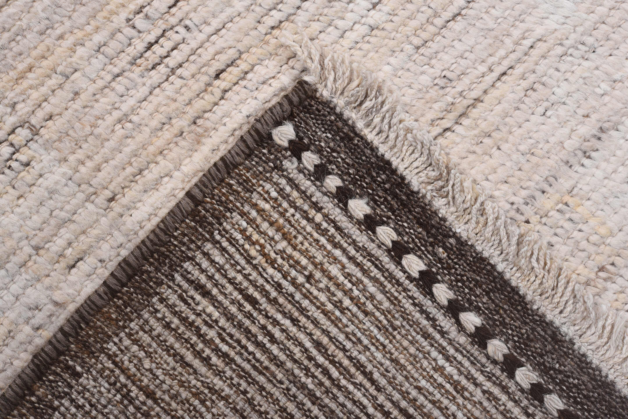 8' x 10' one-of-a-kind handmade vintage Tulu large size rug. Color palette: ivory, taupe, brown, camel, gray, beige
