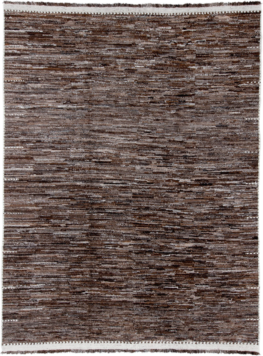 10' x 14' one-of-a-kind handmade vintage Tulu oversize rug. Color palette: brown, taupe, ivory, charcoal, camel, beige, gray