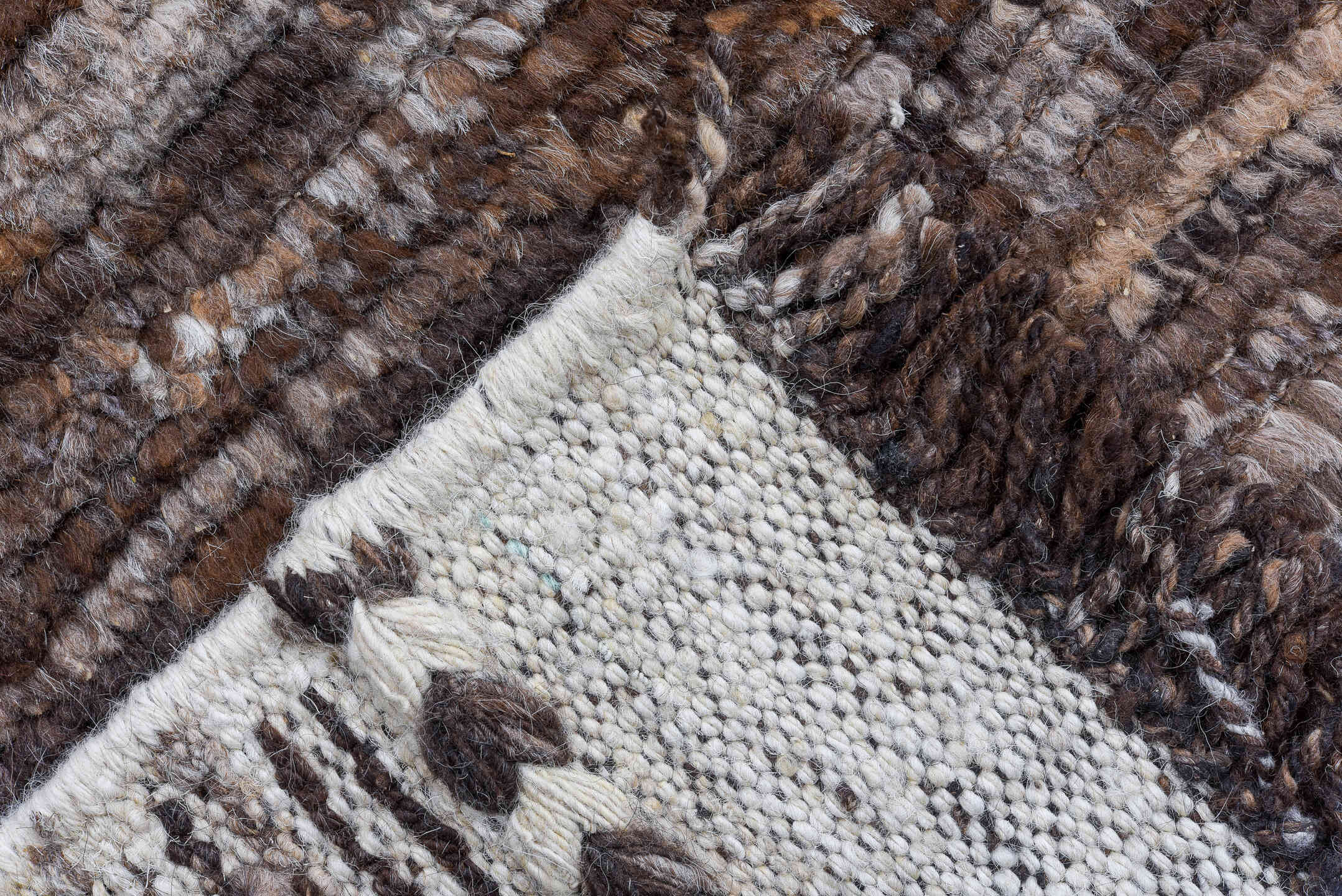 10' x 14' one-of-a-kind handmade vintage Tulu oversize rug. Color palette: brown, taupe, ivory, charcoal, camel, beige, gray