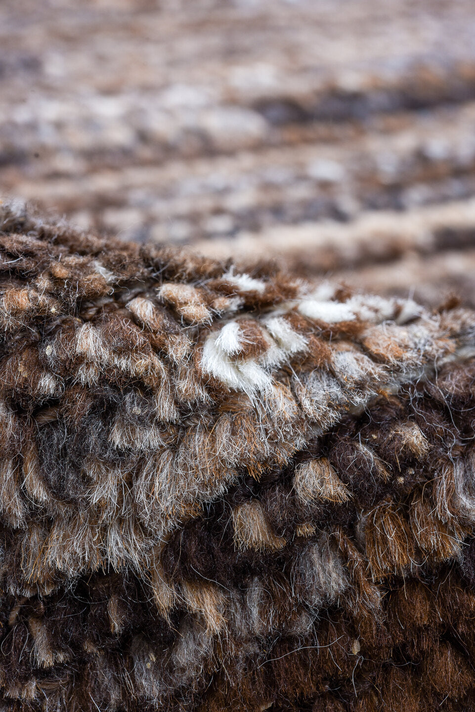10' x 14' one-of-a-kind handmade vintage Tulu oversize rug. Color palette: brown, taupe, ivory, charcoal, camel, beige, gray