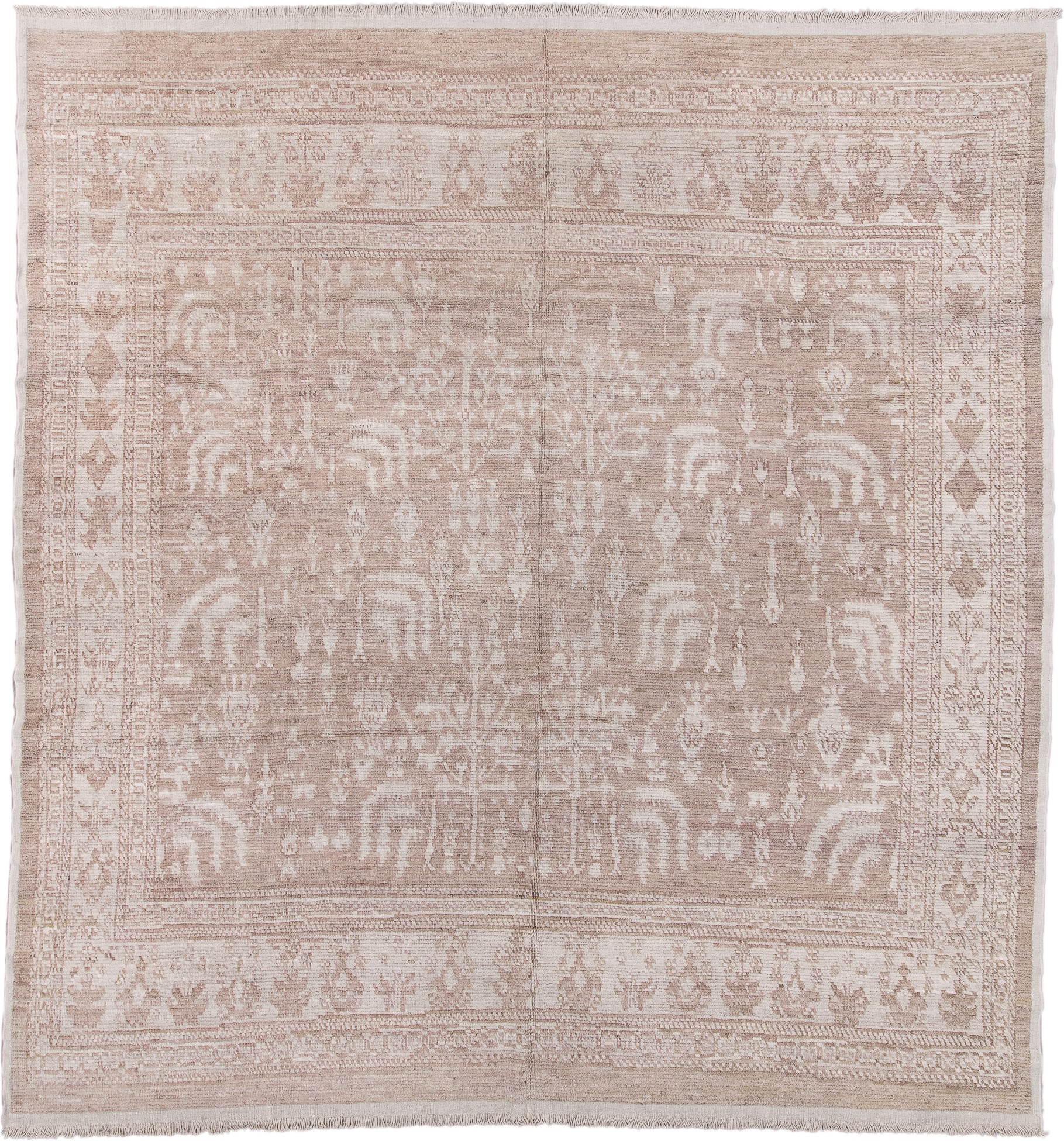 13' x 14' one-of-a-kind handmade vintage Tulu oversize rug. Color palette: blush, beige, ivory, taupe, sand, pink, gray