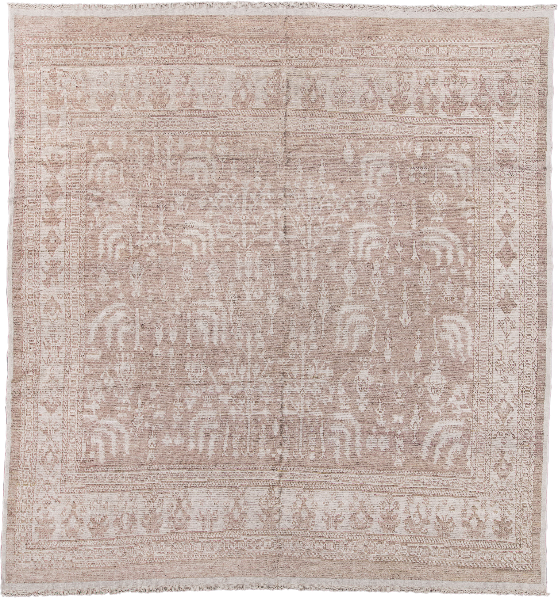 13' x 14' one-of-a-kind handmade vintage Tulu oversize rug. Color palette: blush, beige, ivory, taupe, sand, pink, gray