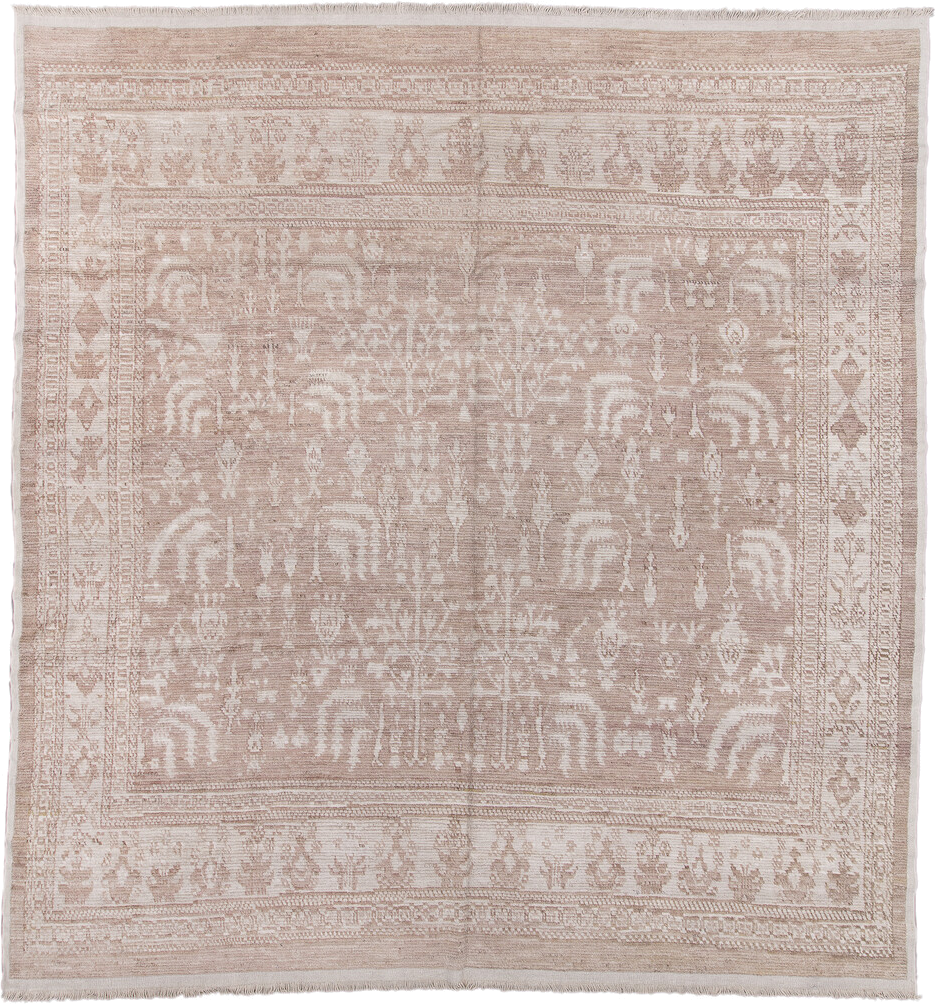 13' x 14' one-of-a-kind handmade vintage Tulu oversize rug. Color palette: blush, beige, ivory, taupe, sand, pink, gray