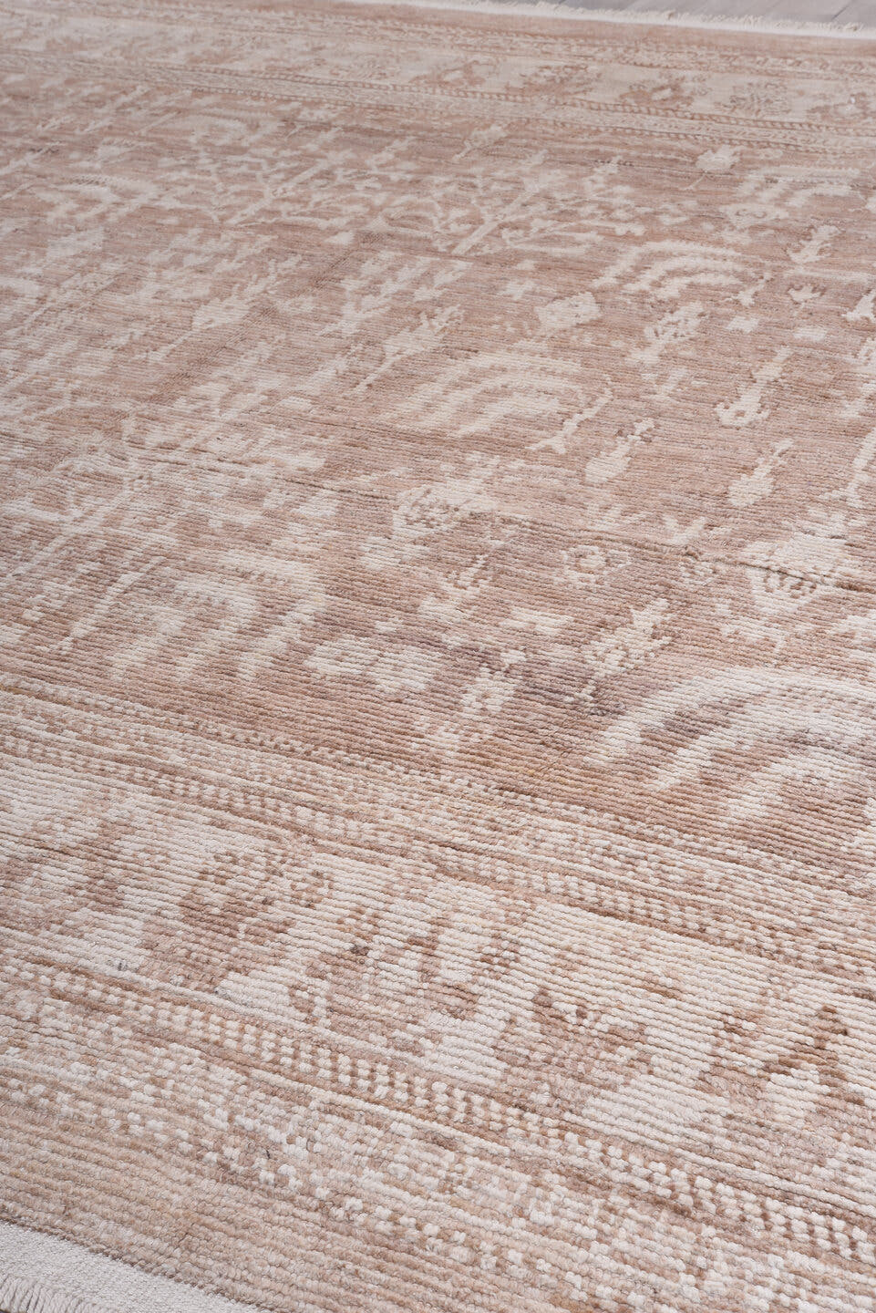 13' x 14' one-of-a-kind handmade vintage Tulu oversize rug. Color palette: blush, beige, ivory, taupe, sand, pink, gray