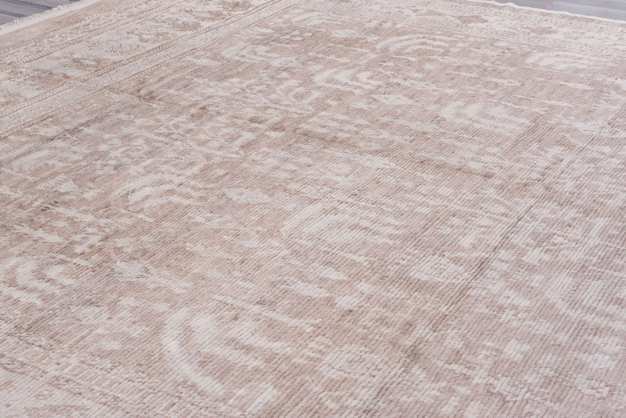 13' x 14' one-of-a-kind handmade vintage Tulu oversize rug. Color palette: gainsboro, gray, light gray, off-white, pink