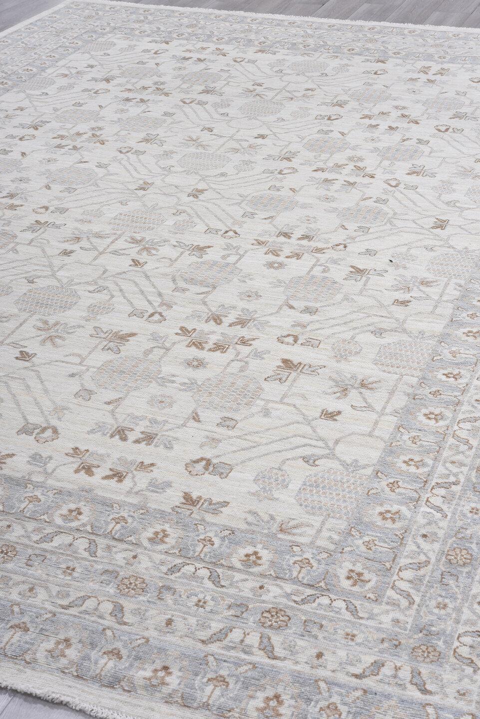 8' x 9' one-of-a-kind handmade vintage Tulu rug. Color palette: dark gray, gainsboro, gray, light gray, off-white, pink