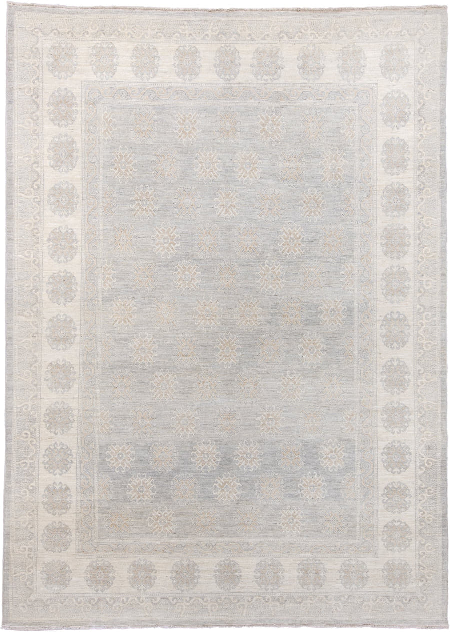 10' x 14' one-of-a-kind handmade vintage Khotan large size rug. Color palette: ivory, pale blue, light gray, cream, taupe