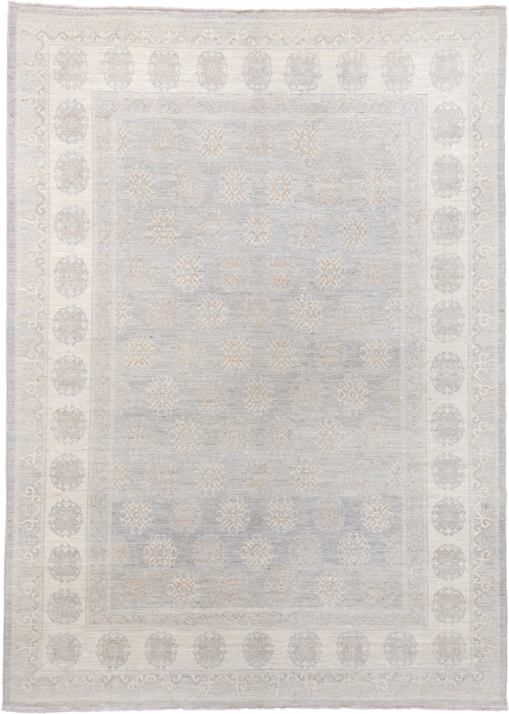10' x 14' one-of-a-kind handmade vintage Khotan large size rug. Color palette: ivory, pale blue, light gray, cream, taupe