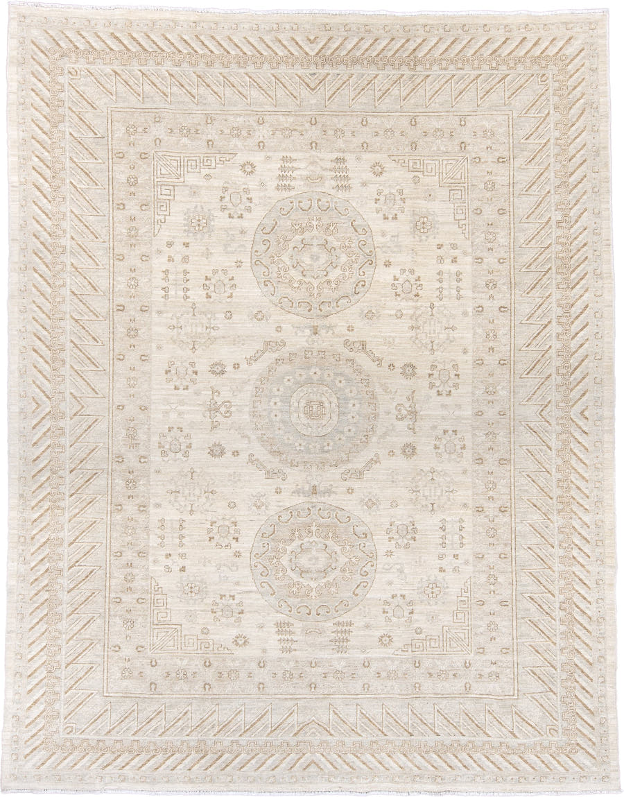 8' x 11' one-of-a-kind handmade vintage Khotan large size rug. Color palette: ivory, cream, beige, taupe, camel, pale gold