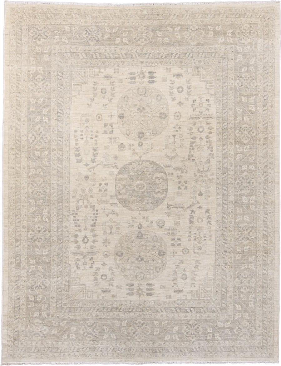9' x 12' one-of-a-kind handmade vintage Khotan large size rug. Color palette: ivory, beige, taupe, sand, greige, gray