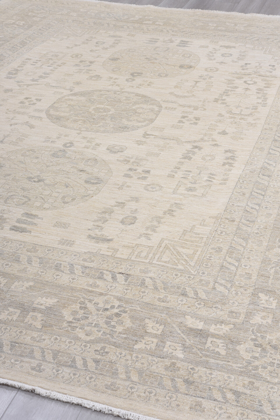 9' x 12' one-of-a-kind handmade vintage Khotan large size rug. Color palette: antiquewhite, brown, gainsboro, gray