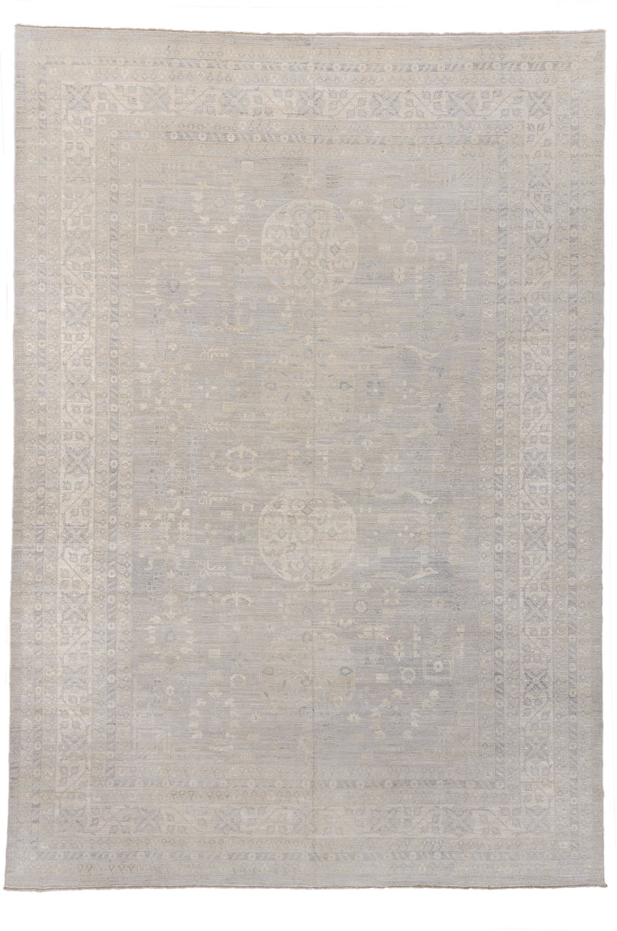 13' x 19' one-of-a-kind handmade vintage Khotan oversize rug. Color palette: ivory, taupe, beige, pale gray, sand, gray