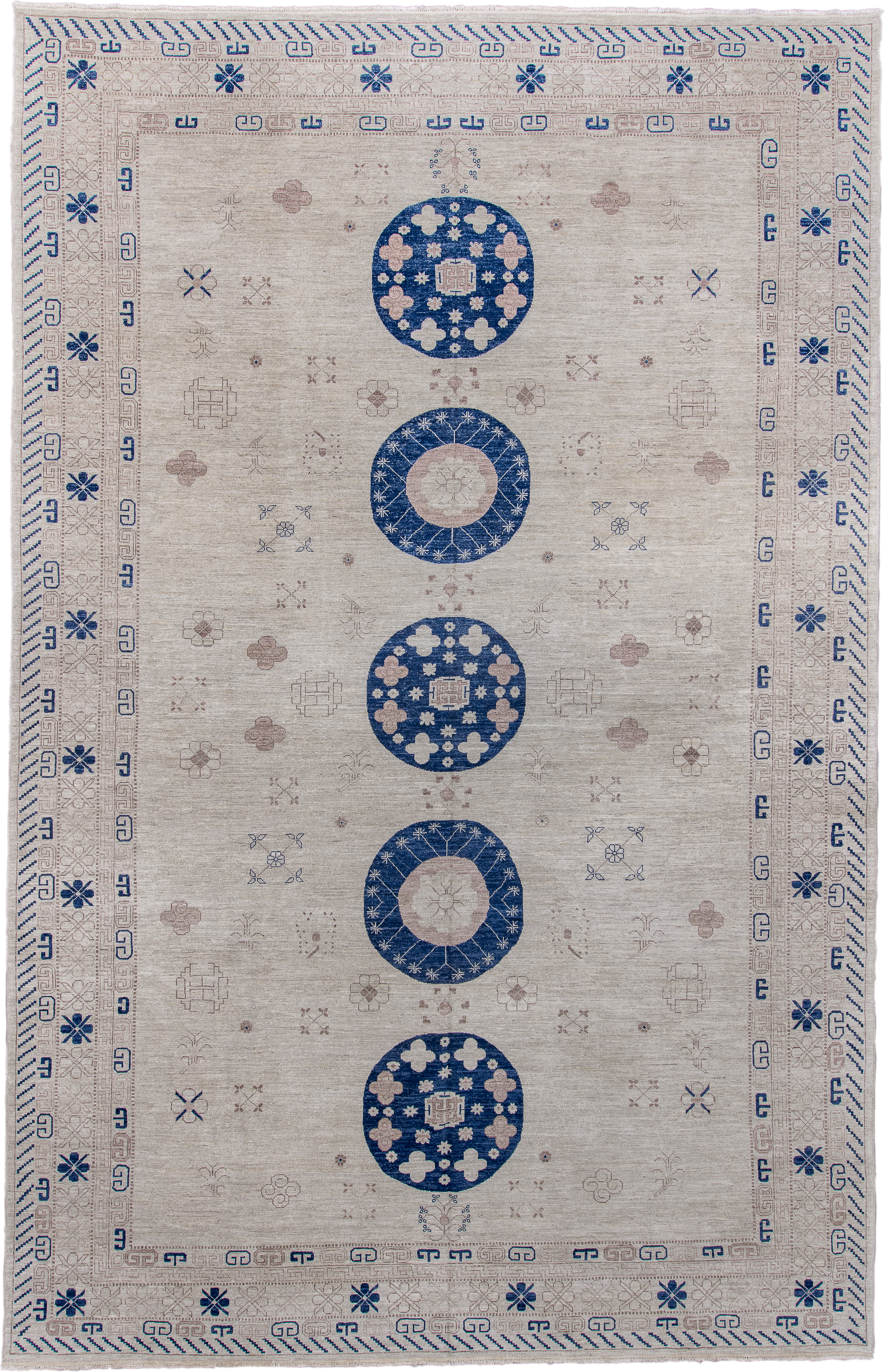 12' x 19' one-of-a-kind handmade vintage Khotan oversize rug. Color palette: ivory, cobalt, taupe, beige, slate, blue, gray