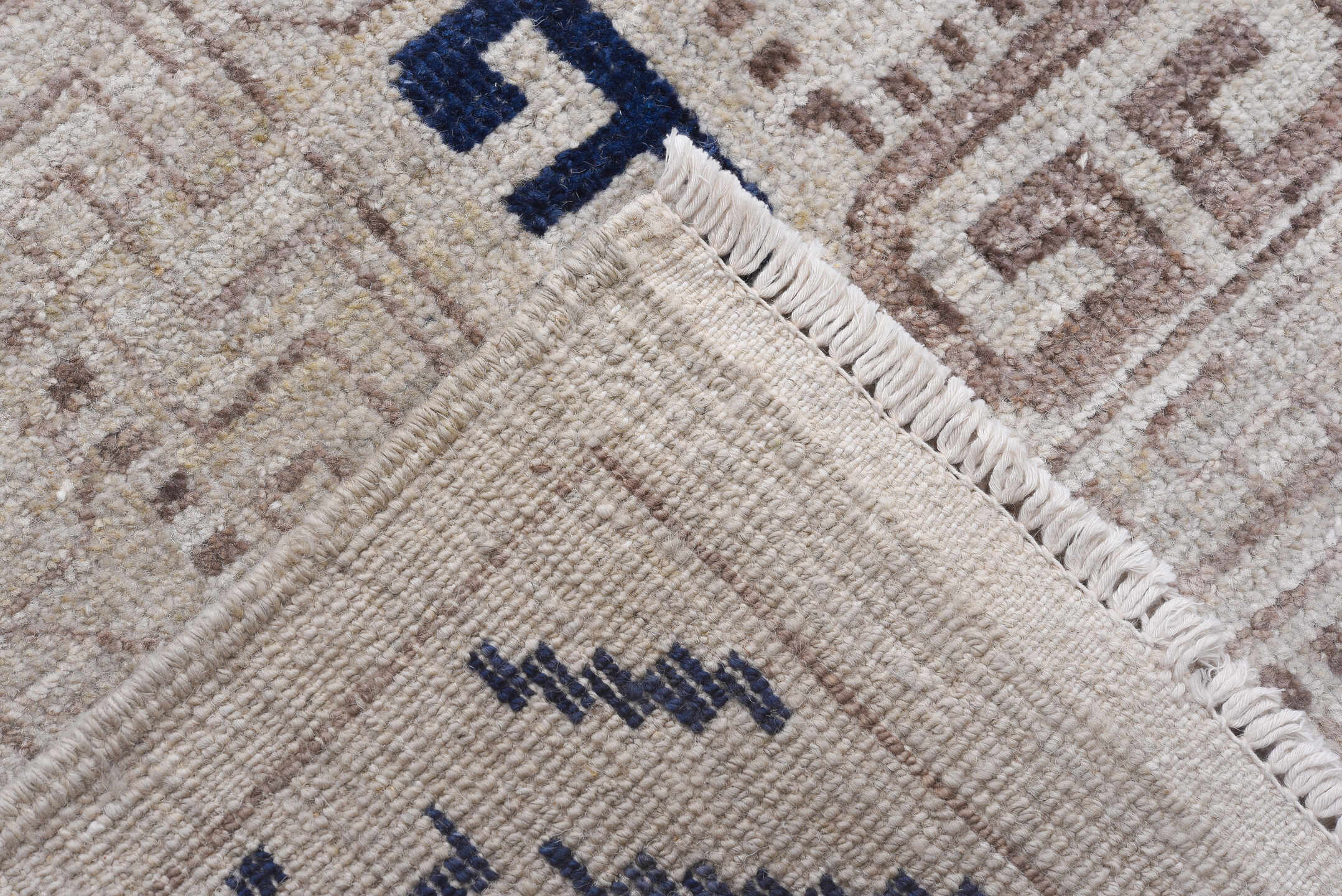 12' x 19' one-of-a-kind handmade vintage Khotan oversize rug. Color palette: ivory, cobalt, taupe, beige, slate, blue, gray