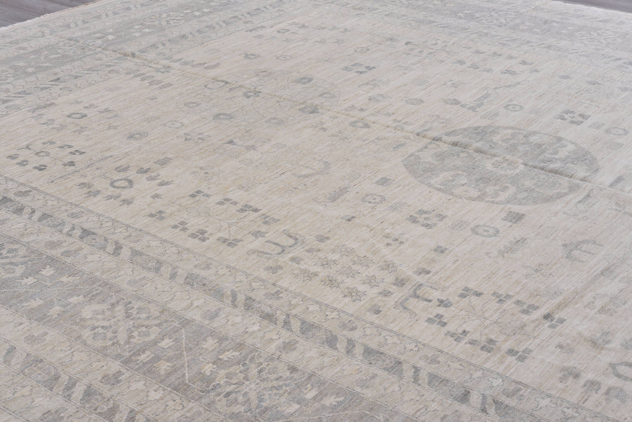 13' x 17' one-of-a-kind handmade vintage Khotan oversize rug. Color palette: dark gray, gainsboro, gray, light gray