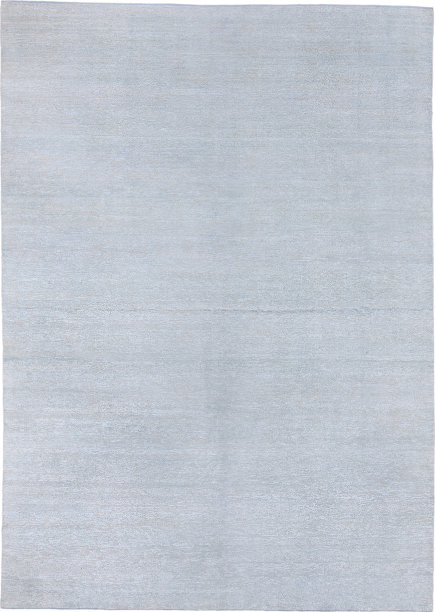 10' x 13' one-of-a-kind handmade vintage Sari Silk large size rug. Color palette: pale blue, silver, ivory, light blue, gray