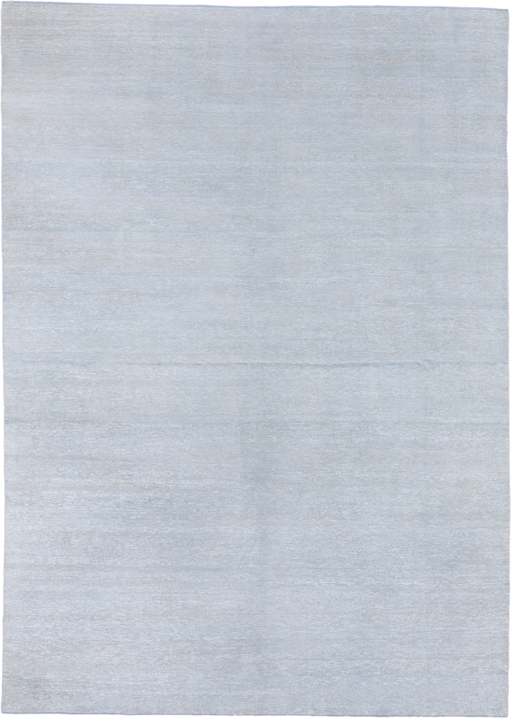 10' x 13' one-of-a-kind handmade vintage Sari Silk large size rug. Color palette: pale blue, silver, ivory, light blue, gray