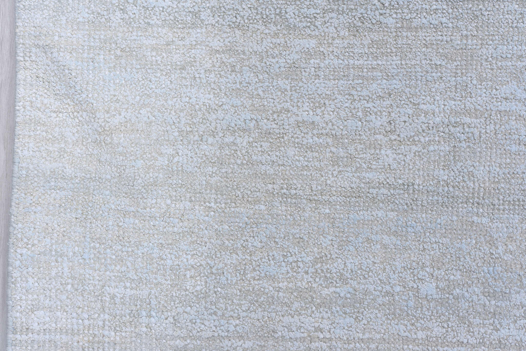 10' x 13' one-of-a-kind handmade vintage Sari Silk large size rug. Color palette: pale blue, silver, ivory, light blue, gray