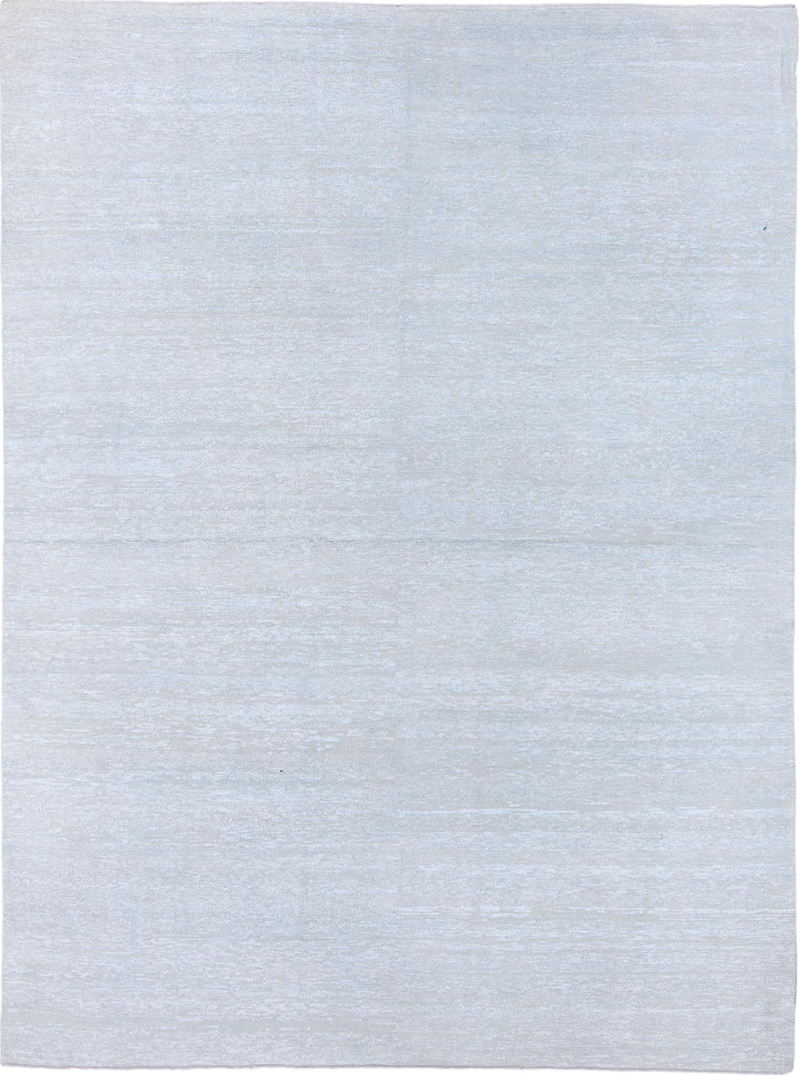 8' x 11' one-of-a-kind handmade vintage Sari Silk large size rug. Color palette: ice blue, silver, pale gray, ivory