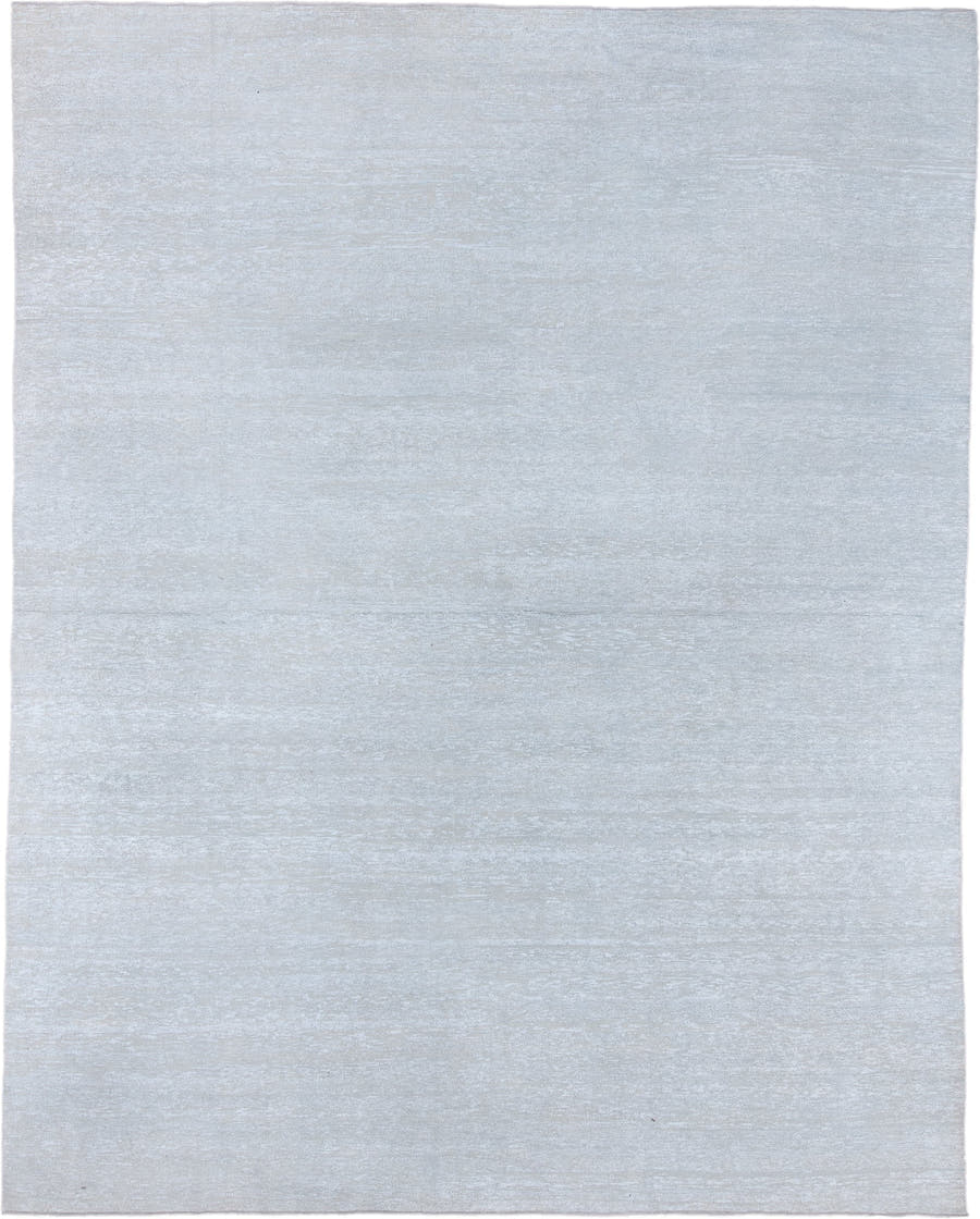 11' x 14' one-of-a-kind handmade vintage Sari Silk oversize rug. Color palette: pale blue, silver, ice blue, light blue