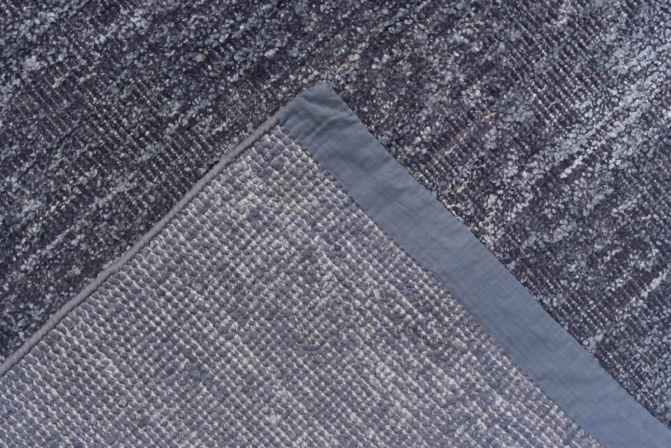 8' x 12' one-of-a-kind handmade vintage Sari Silk large size rug. Color palette: black, blue, charcoal, dark gray, gainsboro