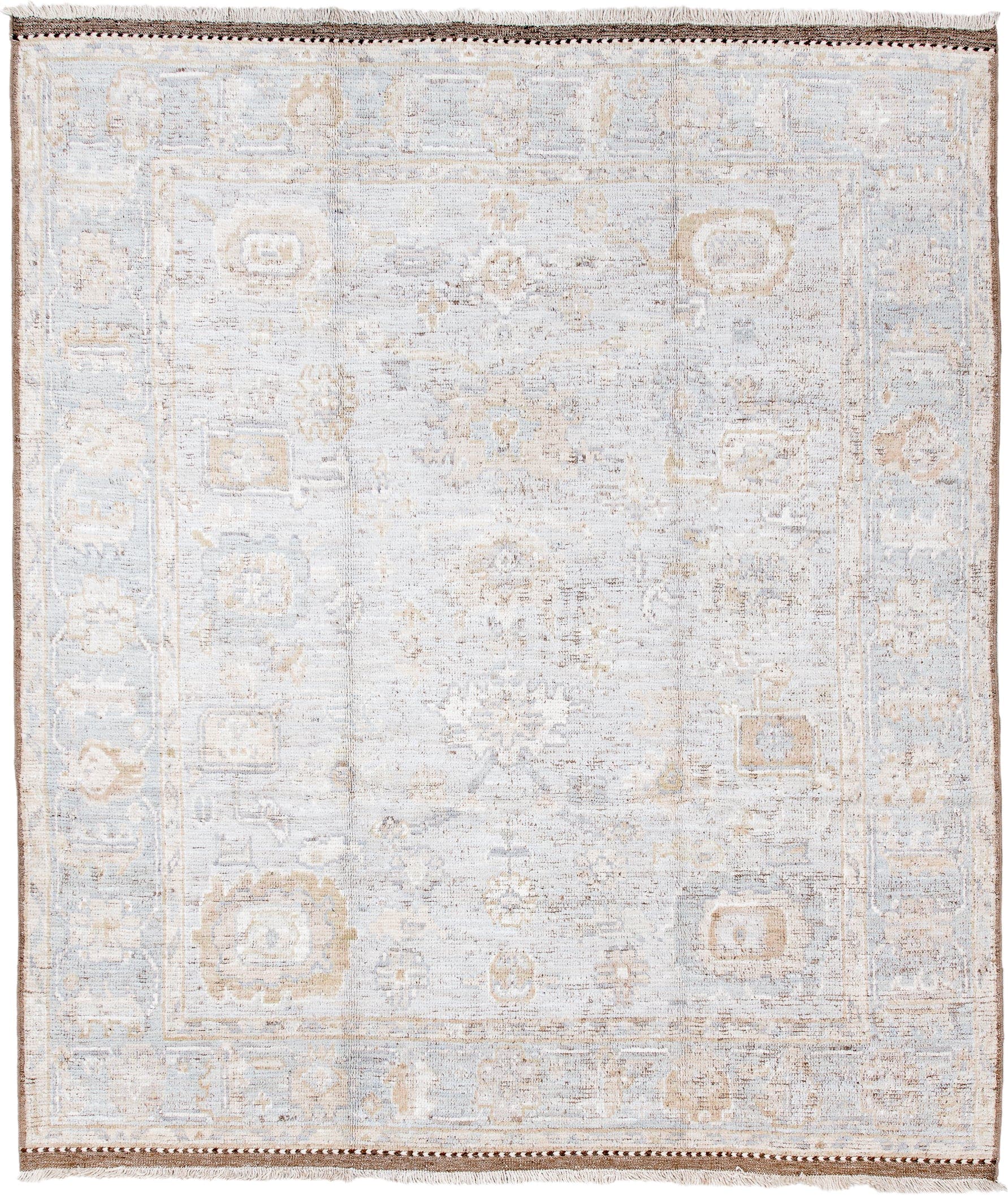 8' x 10' one-of-a-kind handmade vintage Oushak large size rug. Color palette: ivory, pale blue, beige, taupe, camel, brown