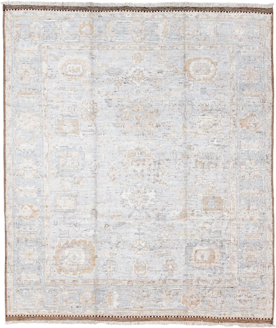 8' x 10' one-of-a-kind handmade vintage Oushak large size rug. Color palette: ivory, pale blue, beige, taupe, camel, brown