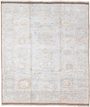 8' x 10' one-of-a-kind handmade vintage Oushak large size rug. Color palette: ivory, pale blue, beige, taupe, camel, brown