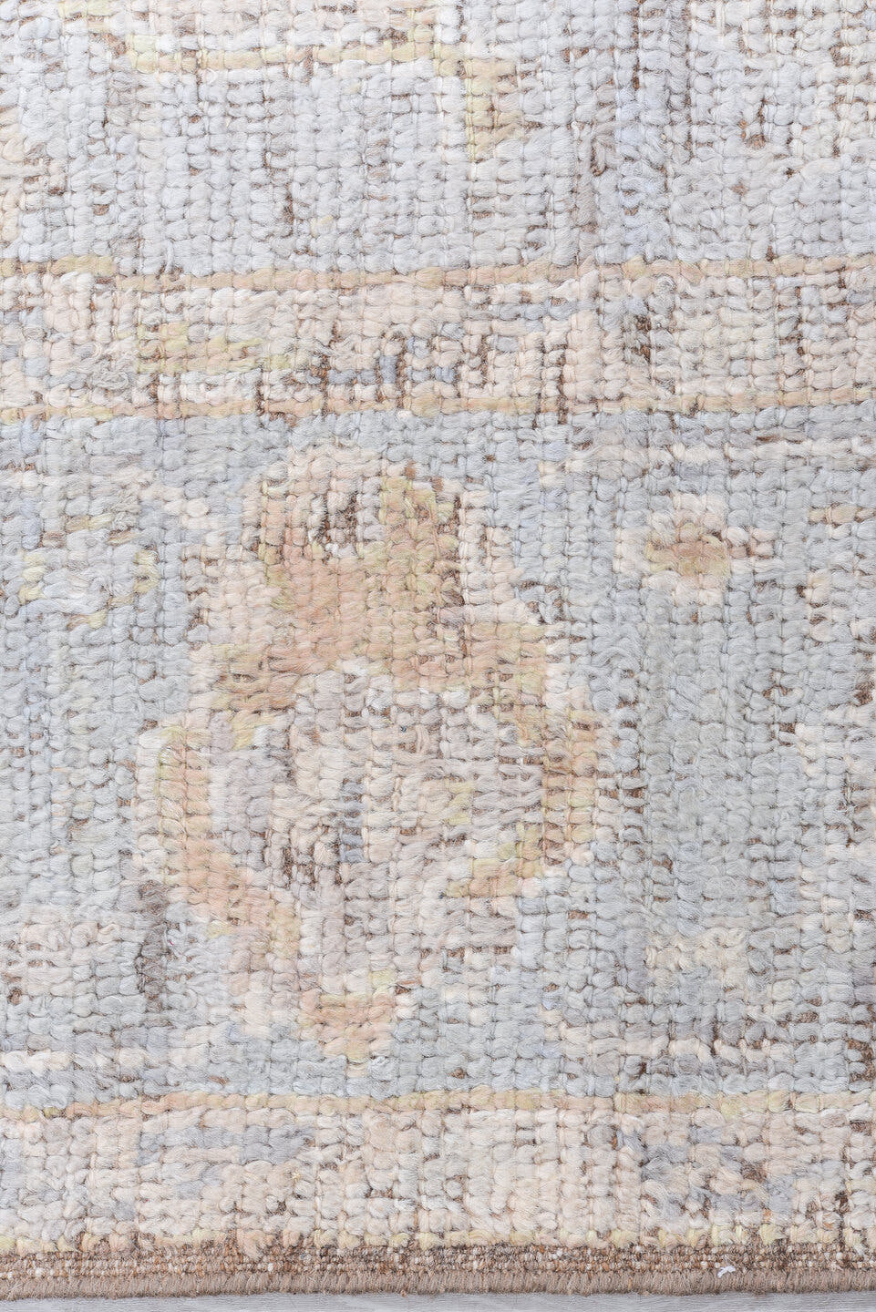 8' x 10' one-of-a-kind handmade vintage Oushak large size rug. Color palette: ivory, pale blue, beige, taupe, camel, brown