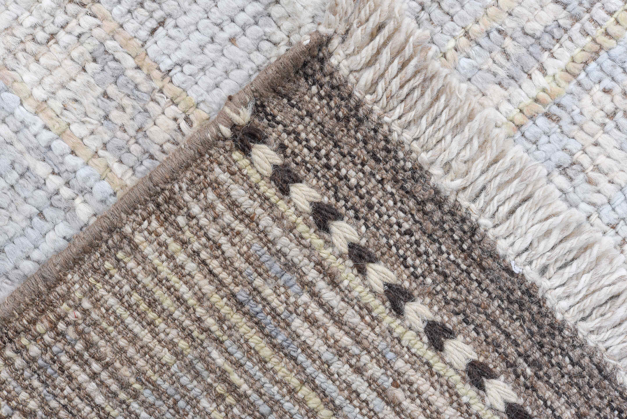 8' x 10' one-of-a-kind handmade vintage Oushak large size rug. Color palette: ivory, pale blue, beige, taupe, camel, brown