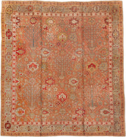 13' x 14' one-of-a-kind handmade antique Oushak oversize rug. Color palette: terra cotta, camel, ivory, sage, rust, gold