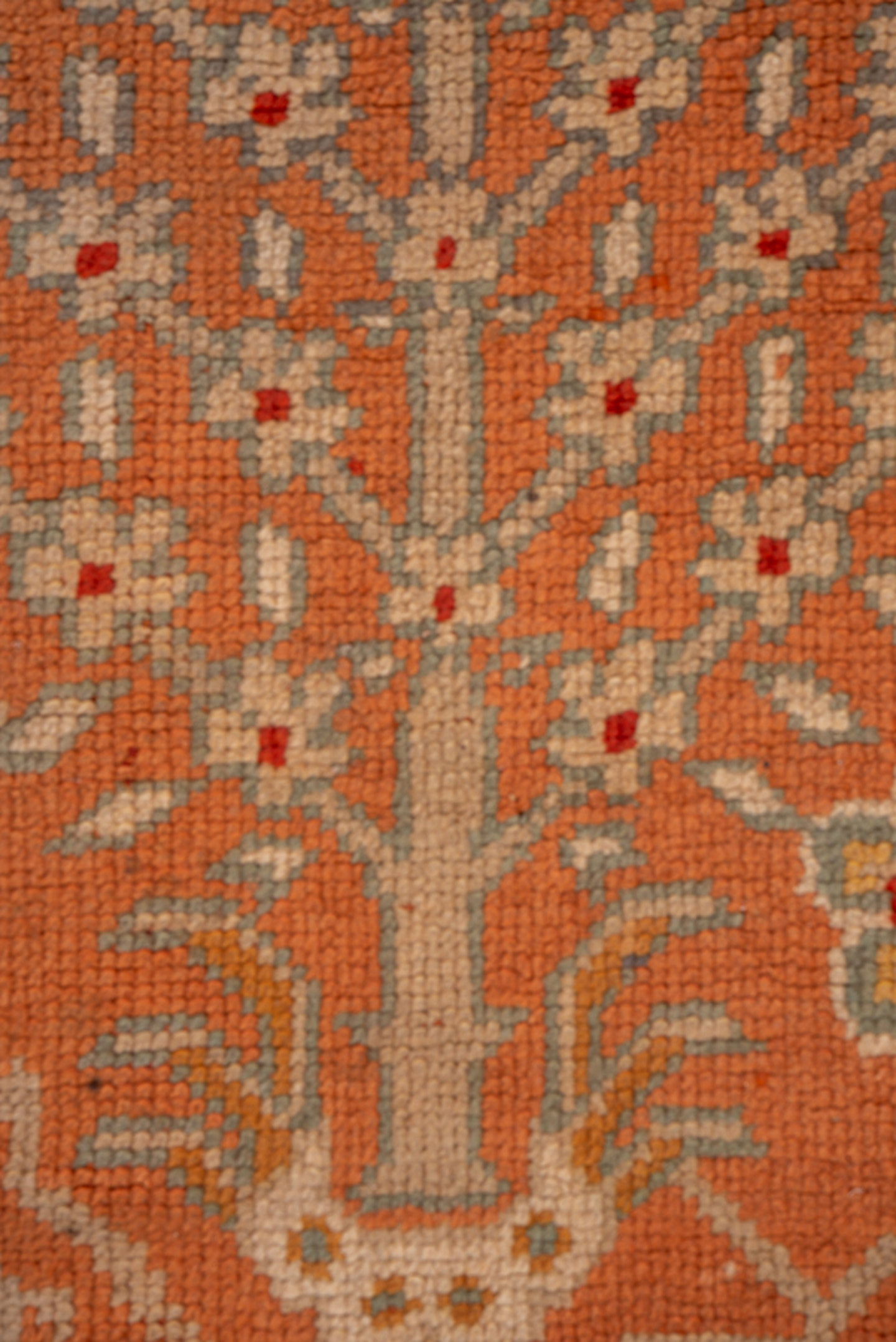 13' x 14' one-of-a-kind handmade antique Oushak oversize rug. Color palette: terra cotta, camel, ivory, sage, rust, gold