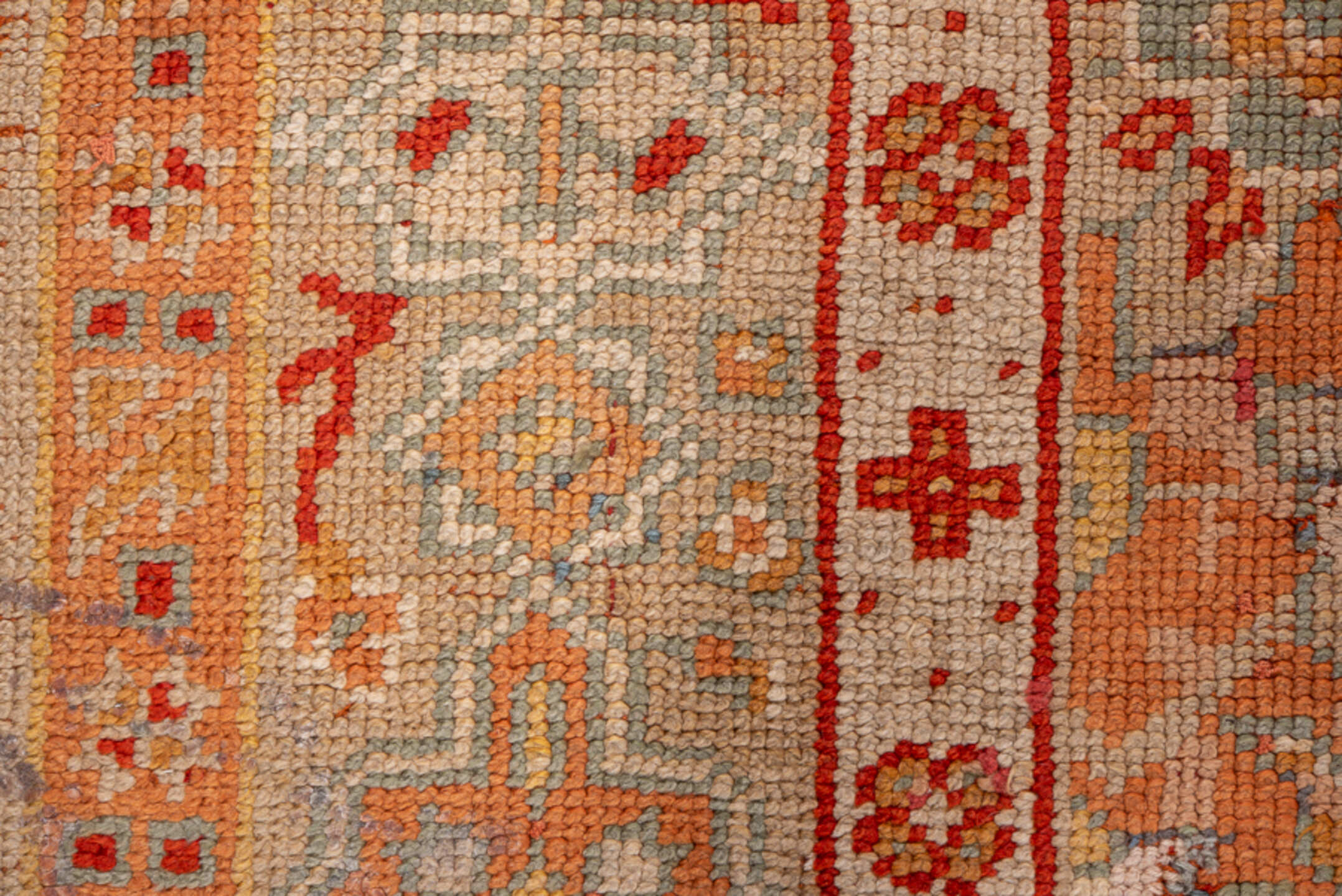 13' x 14' one-of-a-kind handmade antique Oushak oversize rug. Color palette: terra cotta, camel, ivory, sage, rust, gold
