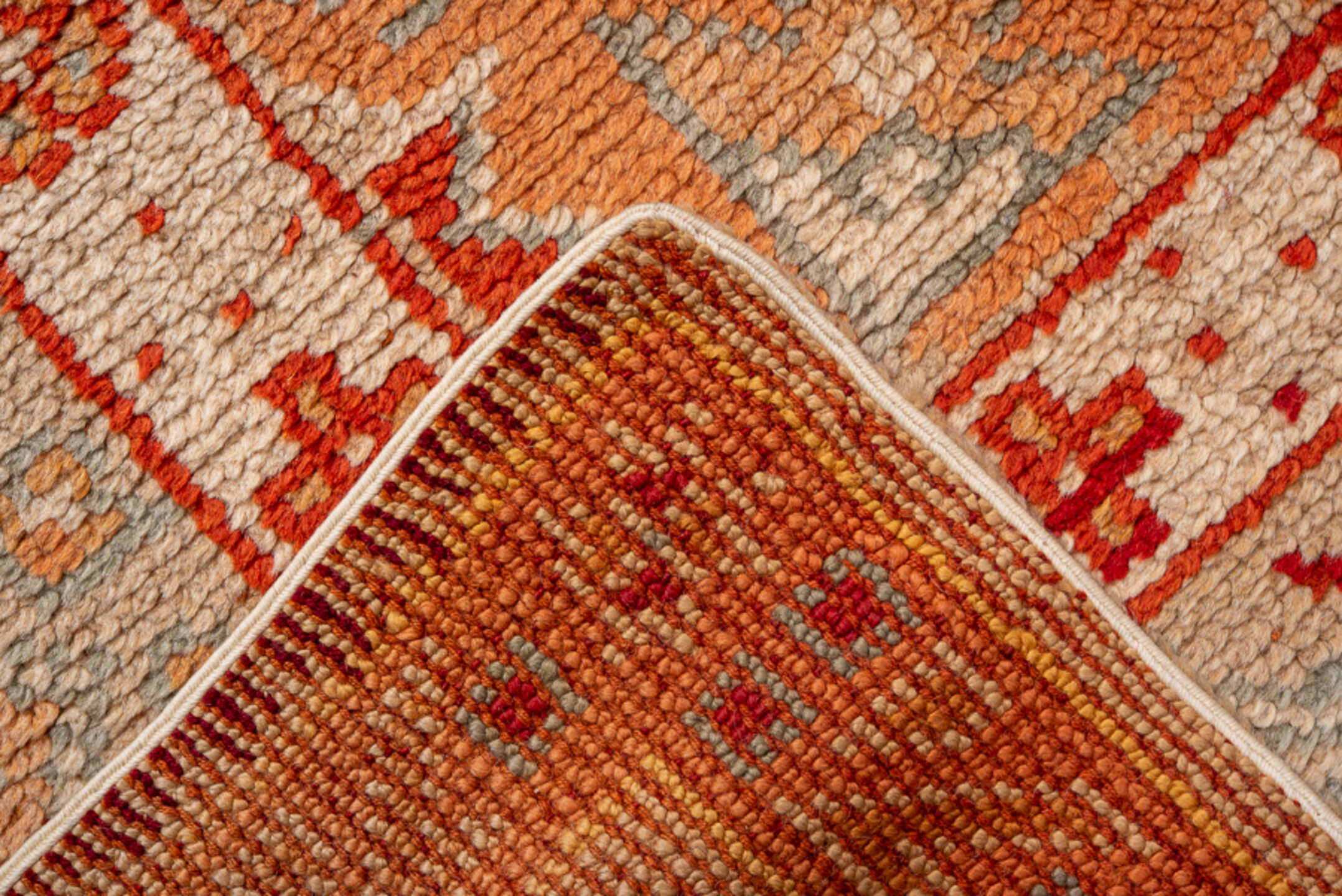 13' x 14' one-of-a-kind handmade antique Oushak oversize rug. Color palette: terra cotta, camel, ivory, sage, rust, gold