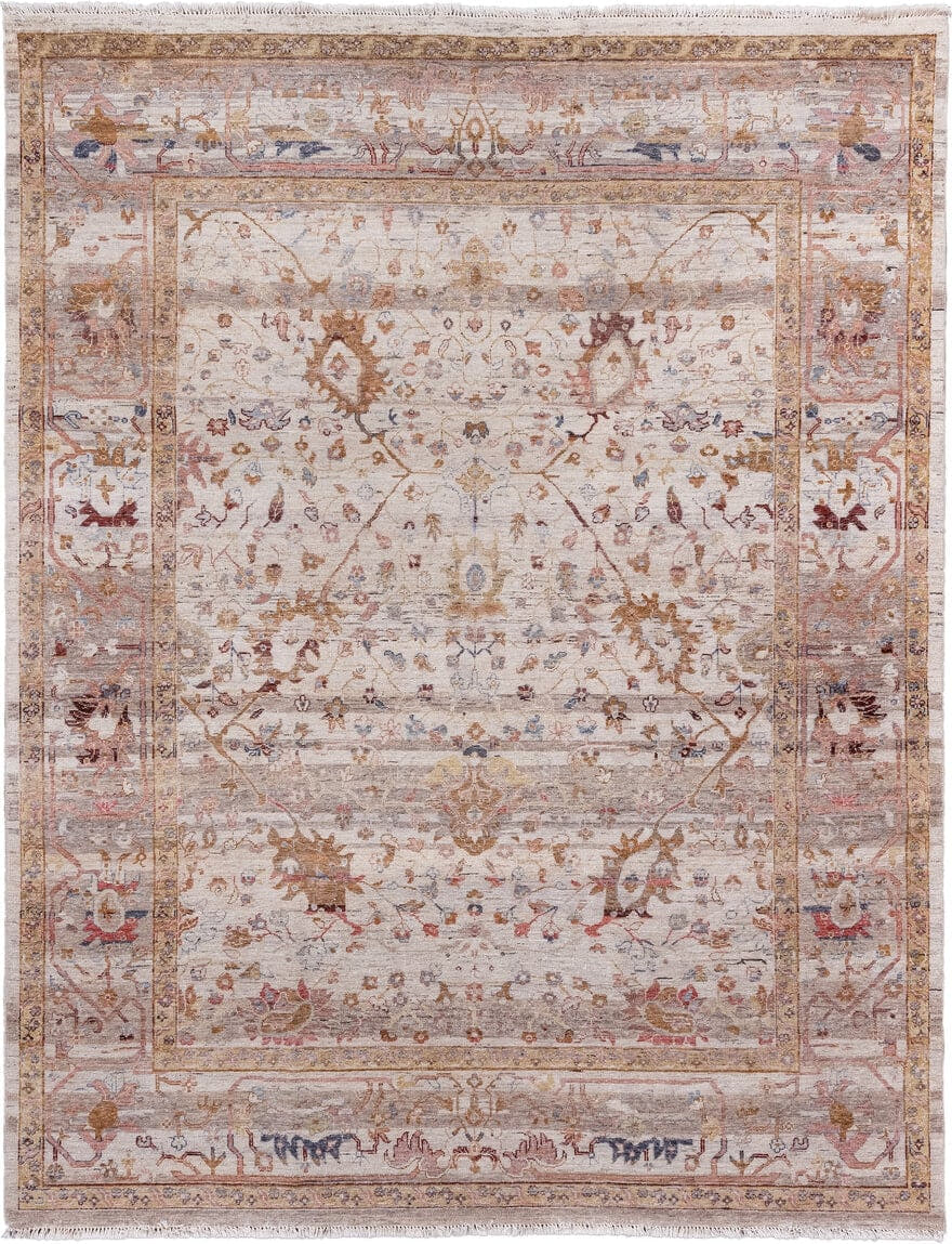 7' x 10' one-of-a-kind handmade vintage Mahal large size rug. Color palette: ivory, taupe, beige, gold, rose, soft blue