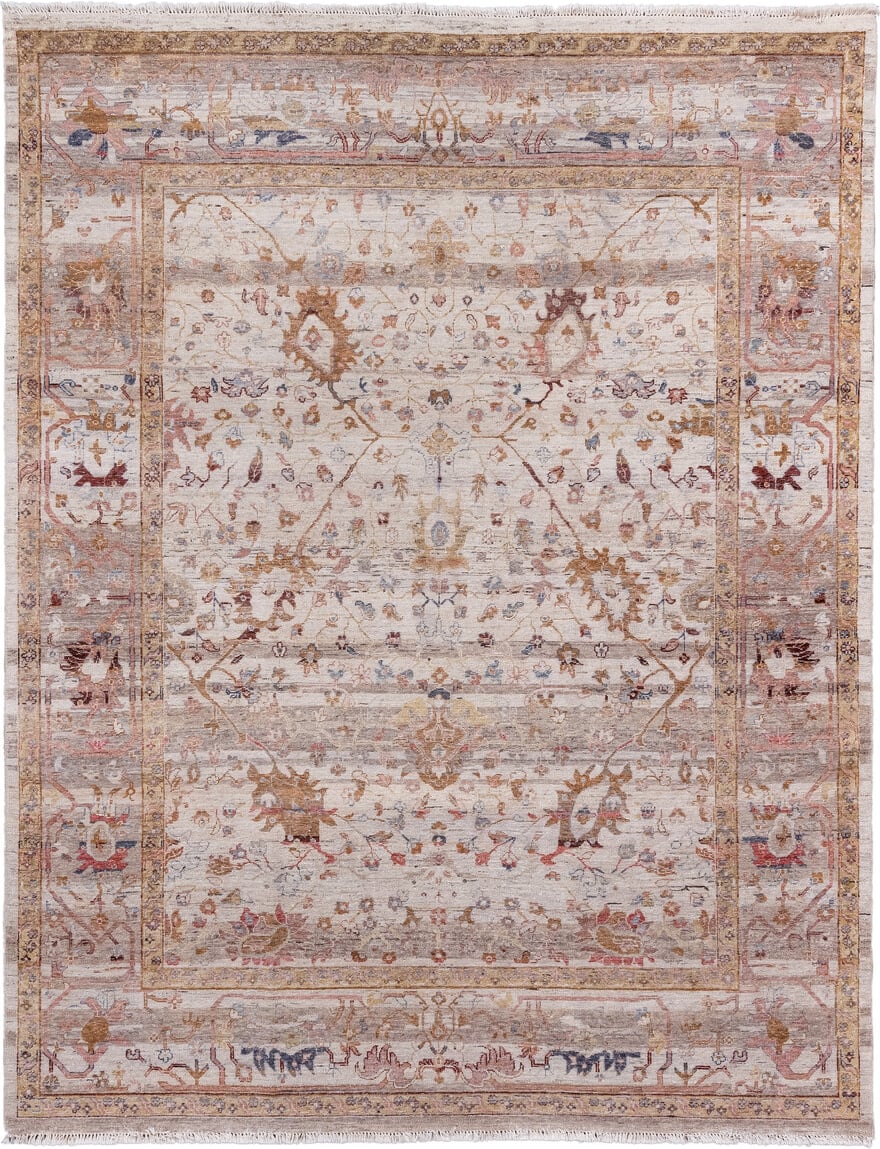 7' x 10' one-of-a-kind handmade vintage Mahal large size rug. Color palette: ivory, taupe, beige, gold, rose, soft blue