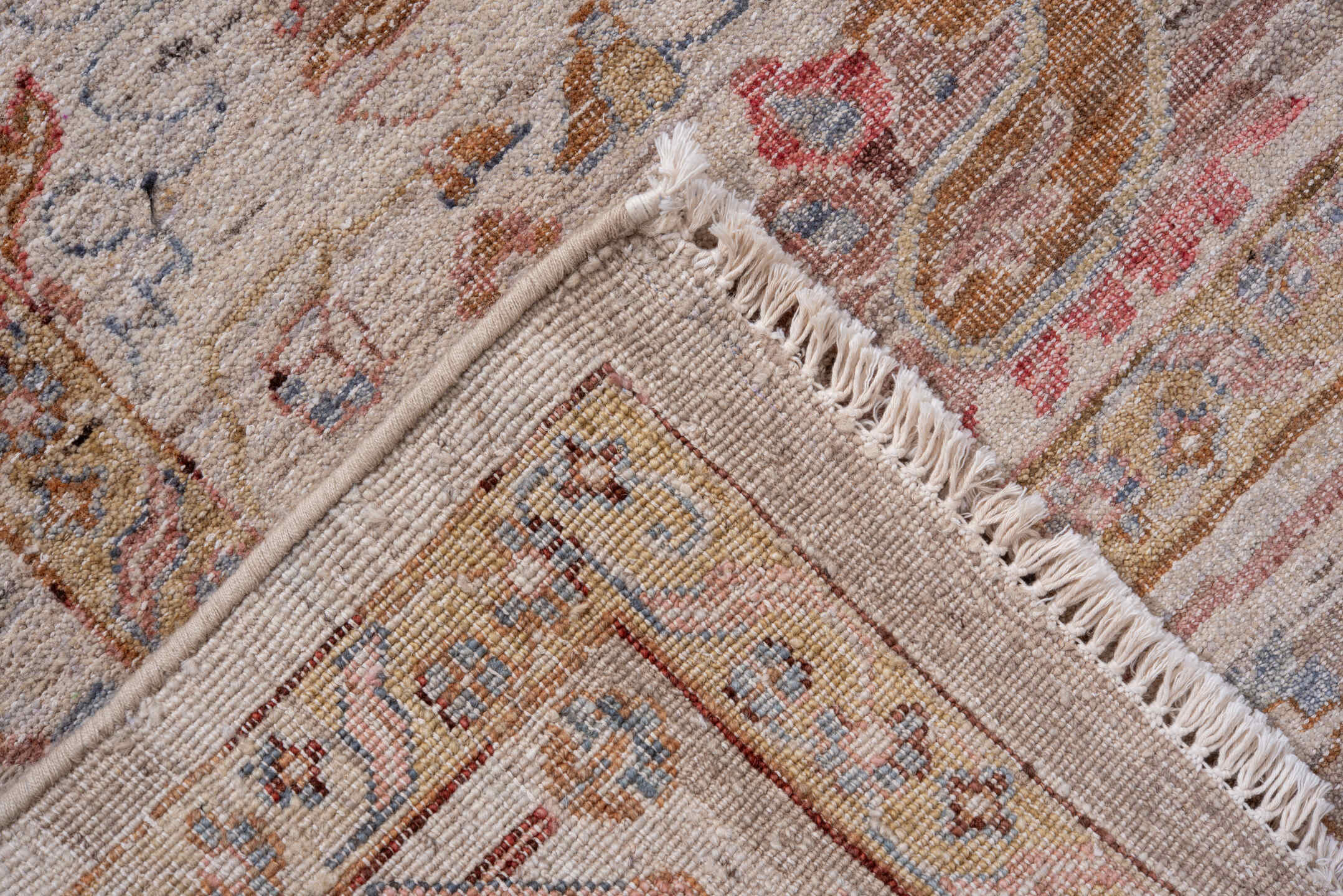 7' x 10' one-of-a-kind handmade vintage Mahal large size rug. Color palette: ivory, taupe, beige, gold, rose, soft blue