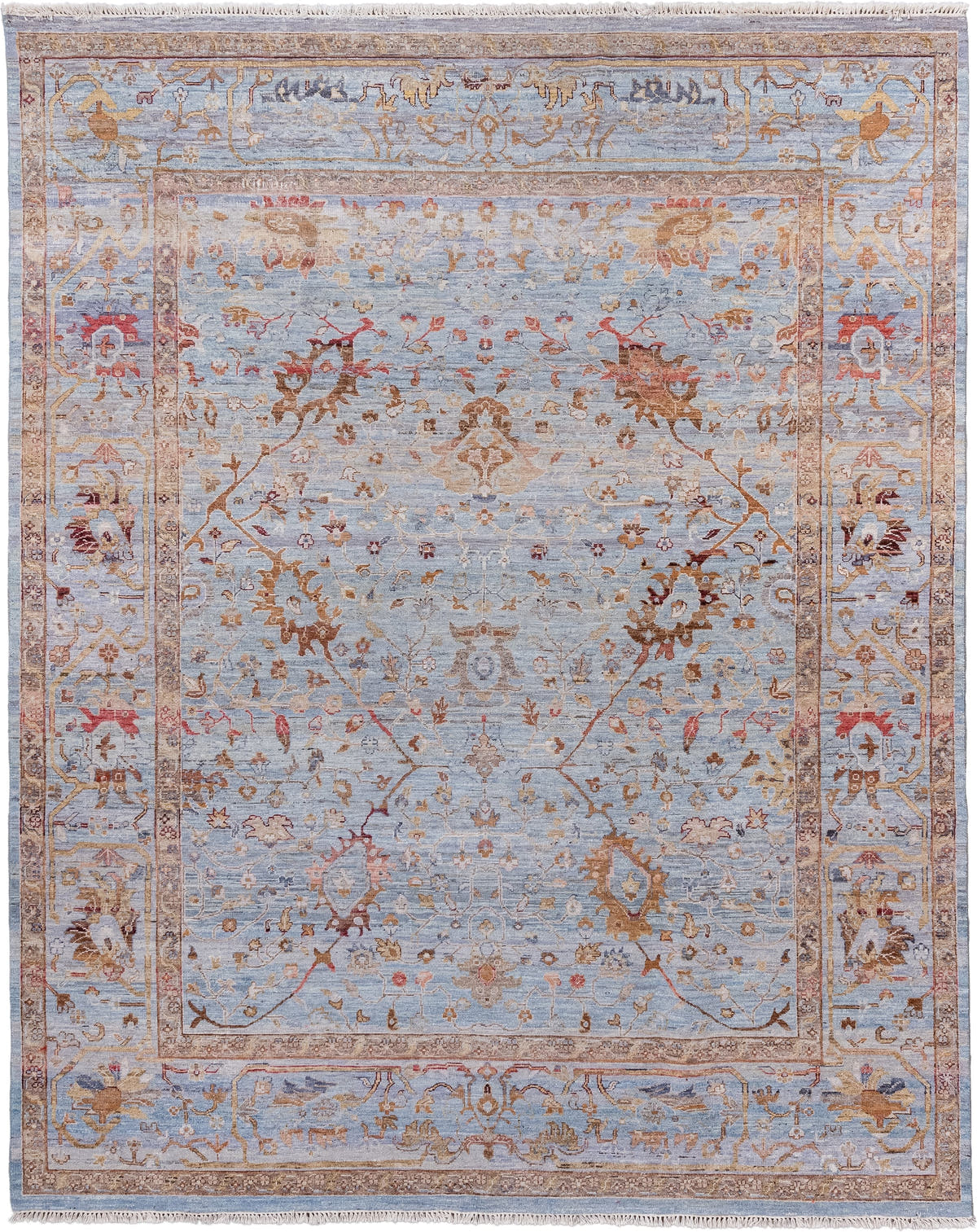 8' x 10' one-of-a-kind handmade vintage Mahal large size rug. Color palette: blue gray, ivory, taupe, terracotta, gold, rust