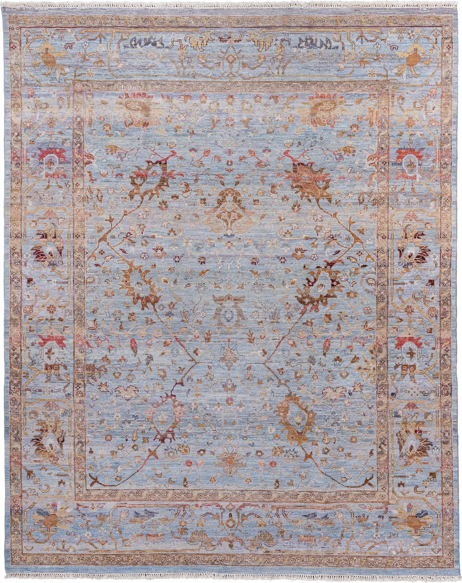 8' x 10' one-of-a-kind handmade vintage Mahal large size rug. Color palette: blue gray, ivory, taupe, terracotta, gold, rust