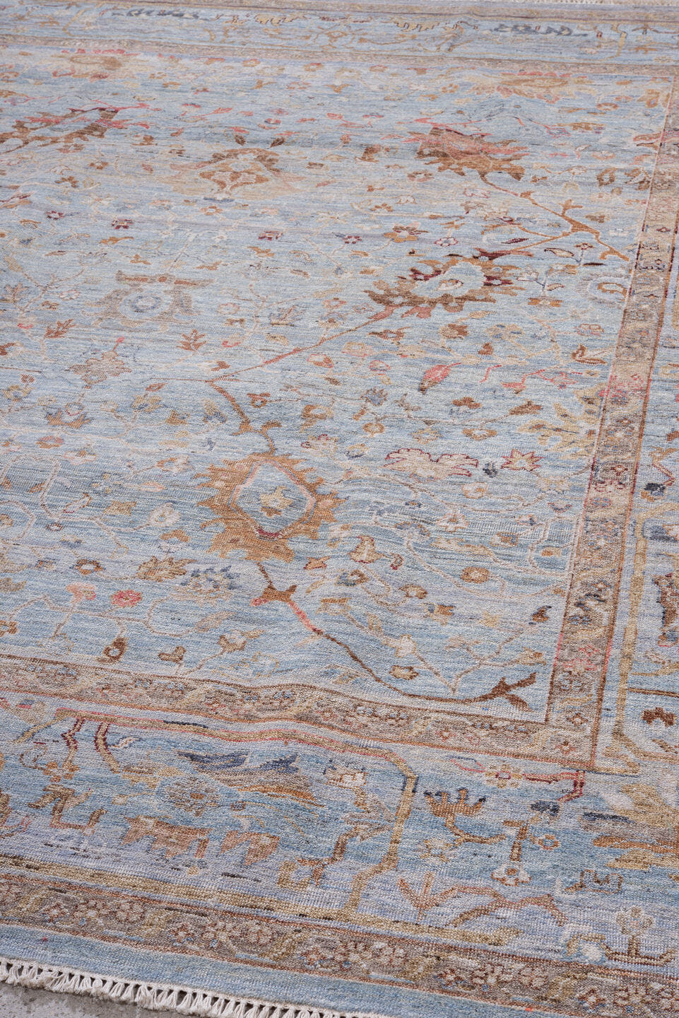8' x 10' one-of-a-kind handmade vintage Mahal large size rug. Color palette: blue gray, ivory, taupe, terracotta, gold, rust
