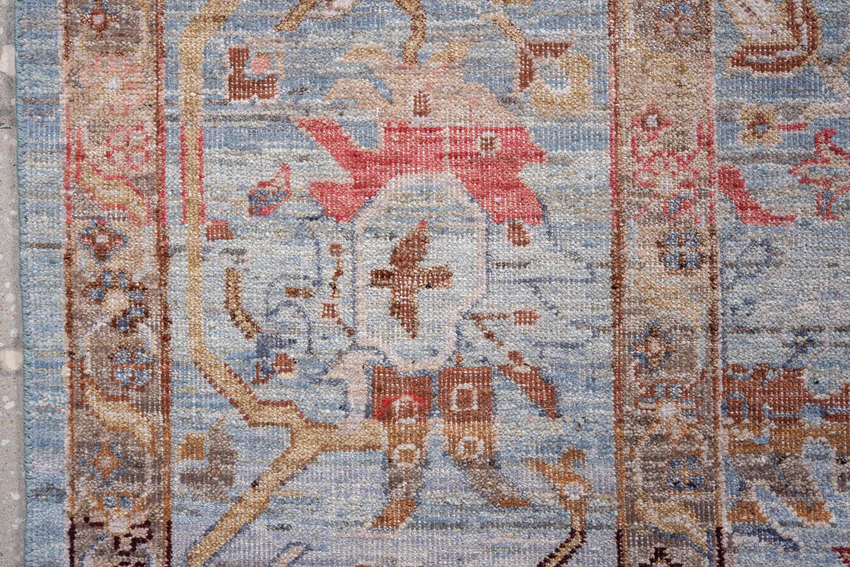 8' x 10' one-of-a-kind handmade vintage Mahal large size rug. Color palette: blue gray, ivory, taupe, terracotta, gold, rust