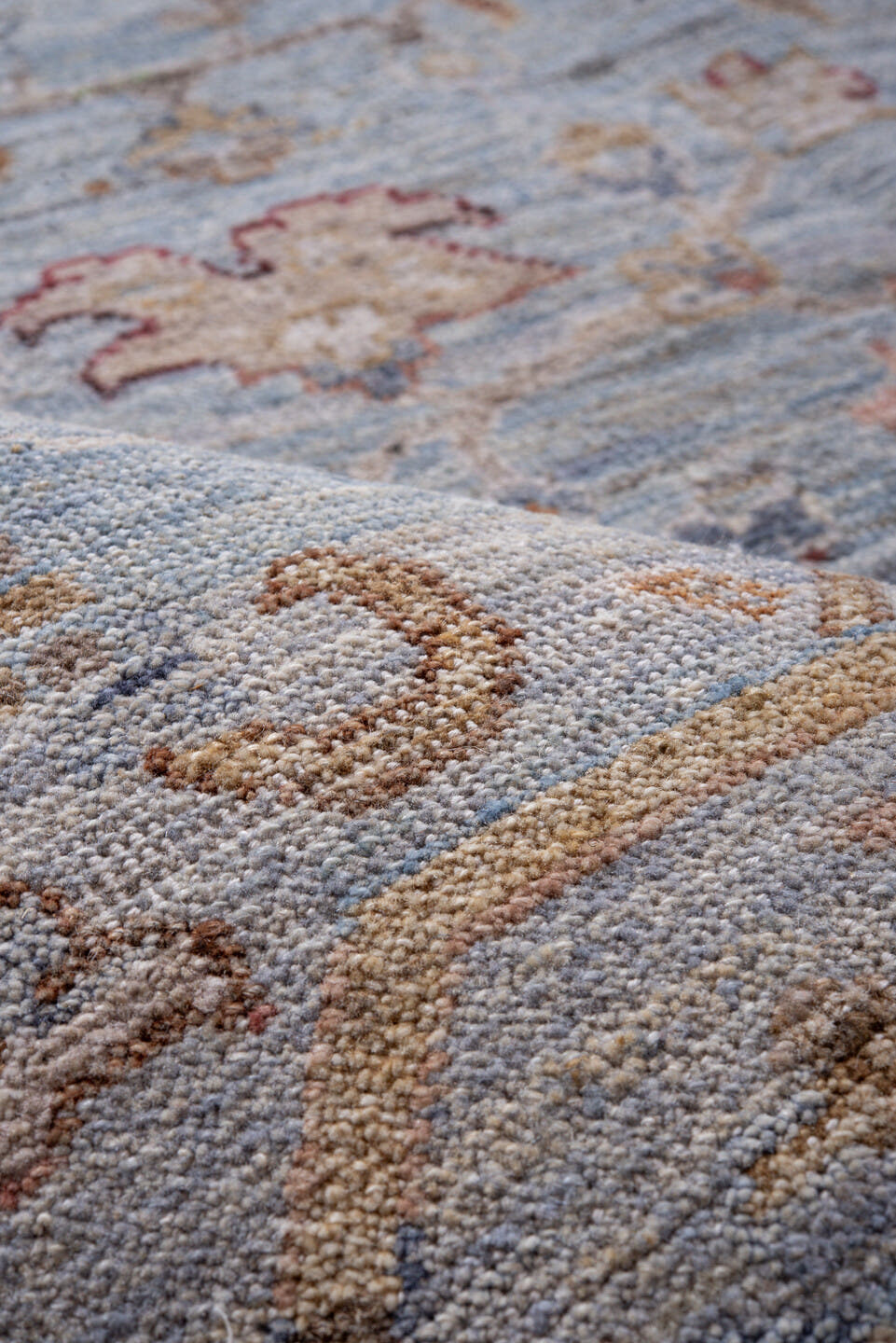 8' x 10' one-of-a-kind handmade vintage Mahal large size rug. Color palette: blue gray, ivory, taupe, terracotta, gold, rust
