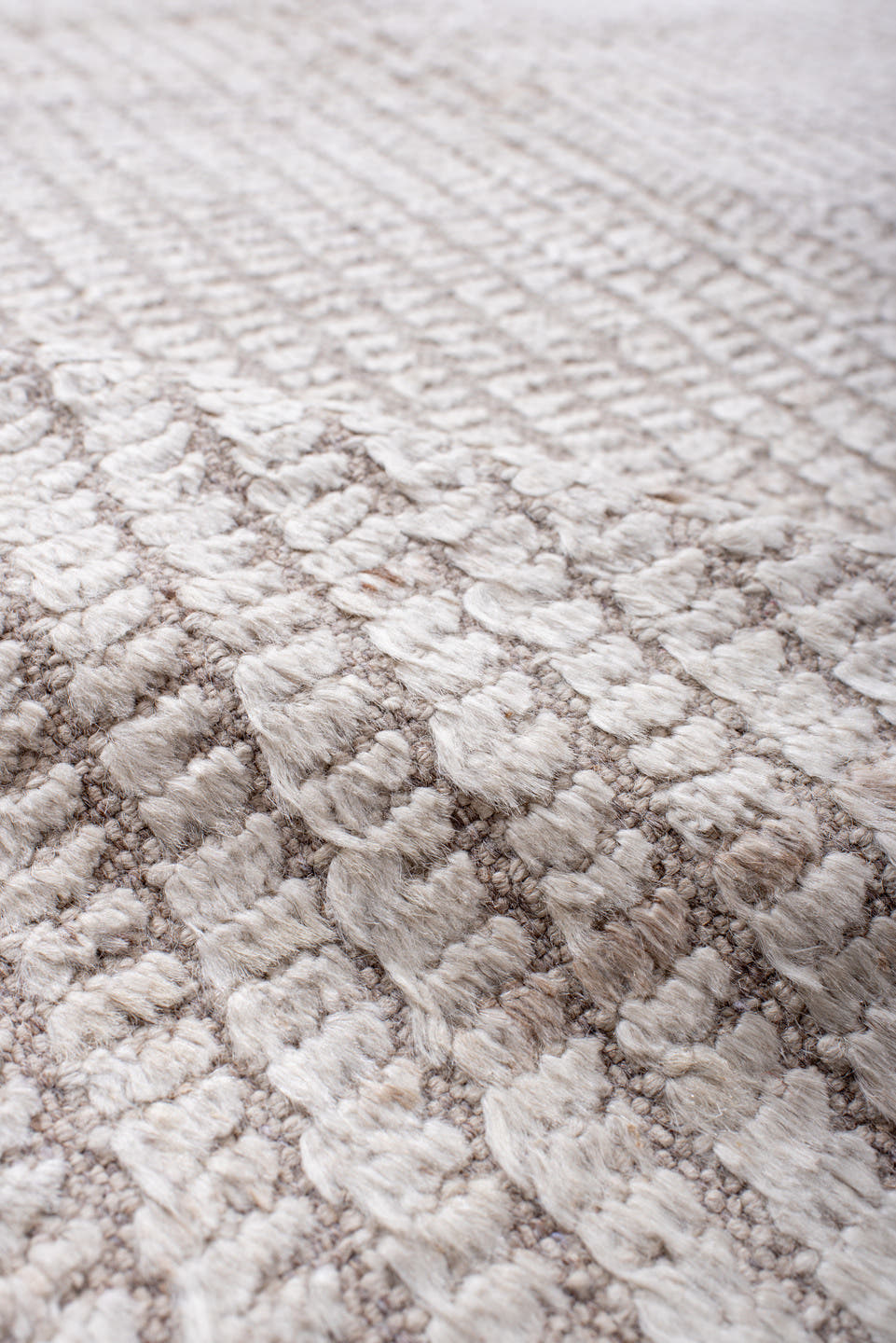 8' x 9' one-of-a-kind handmade vintage Tulu rug. Color palette: ivory, cream, taupe, beige, gray