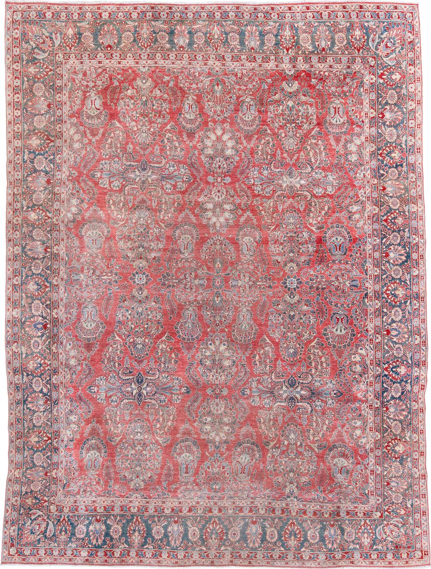 13' x 10' one-of-a-kind handmade vintage  rug. Color palette: coral, blue, ivory, rose, slate, crimson, terracotta, pink