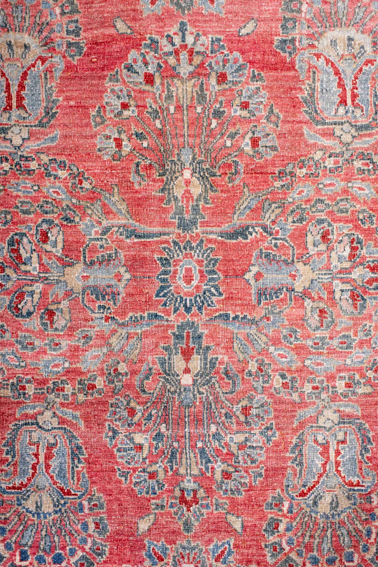 13' x 10' one-of-a-kind handmade vintage  rug. Color palette: coral, blue, ivory, rose, slate, crimson, terracotta, pink