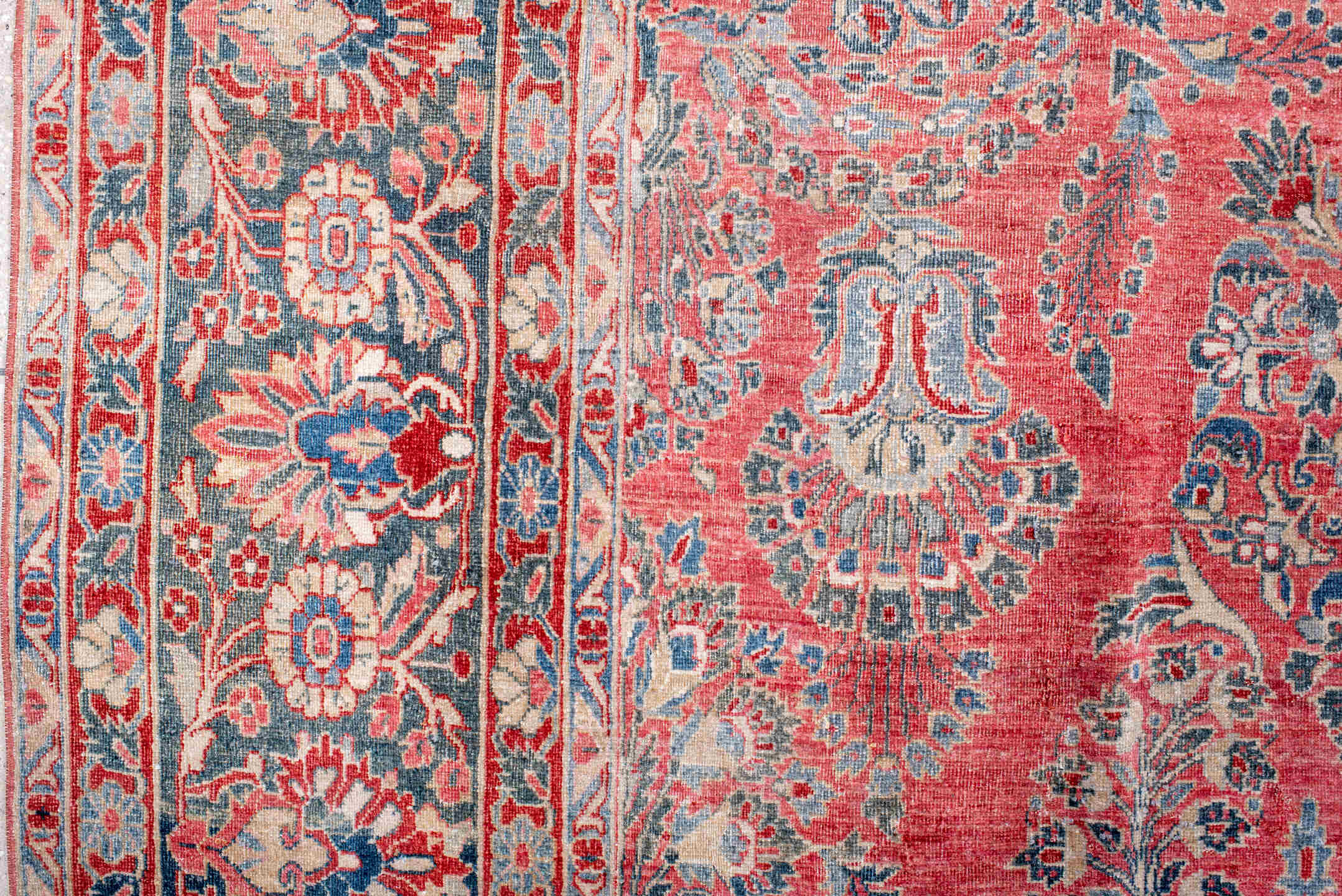 13' x 10' one-of-a-kind handmade vintage  rug. Color palette: coral, blue, ivory, rose, slate, crimson, terracotta, pink