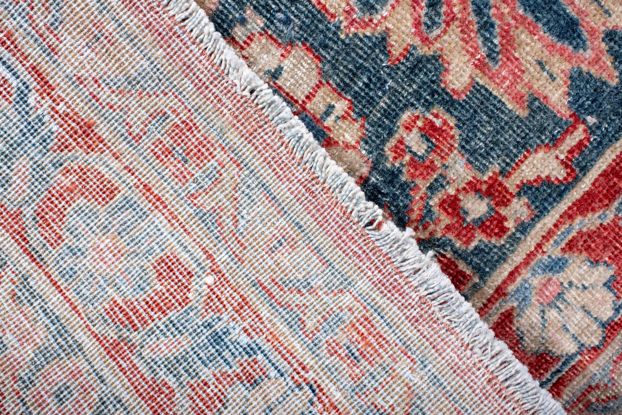 13' x 10' one-of-a-kind handmade vintage  rug. Color palette: coral, blue, ivory, rose, slate, crimson, terracotta, pink
