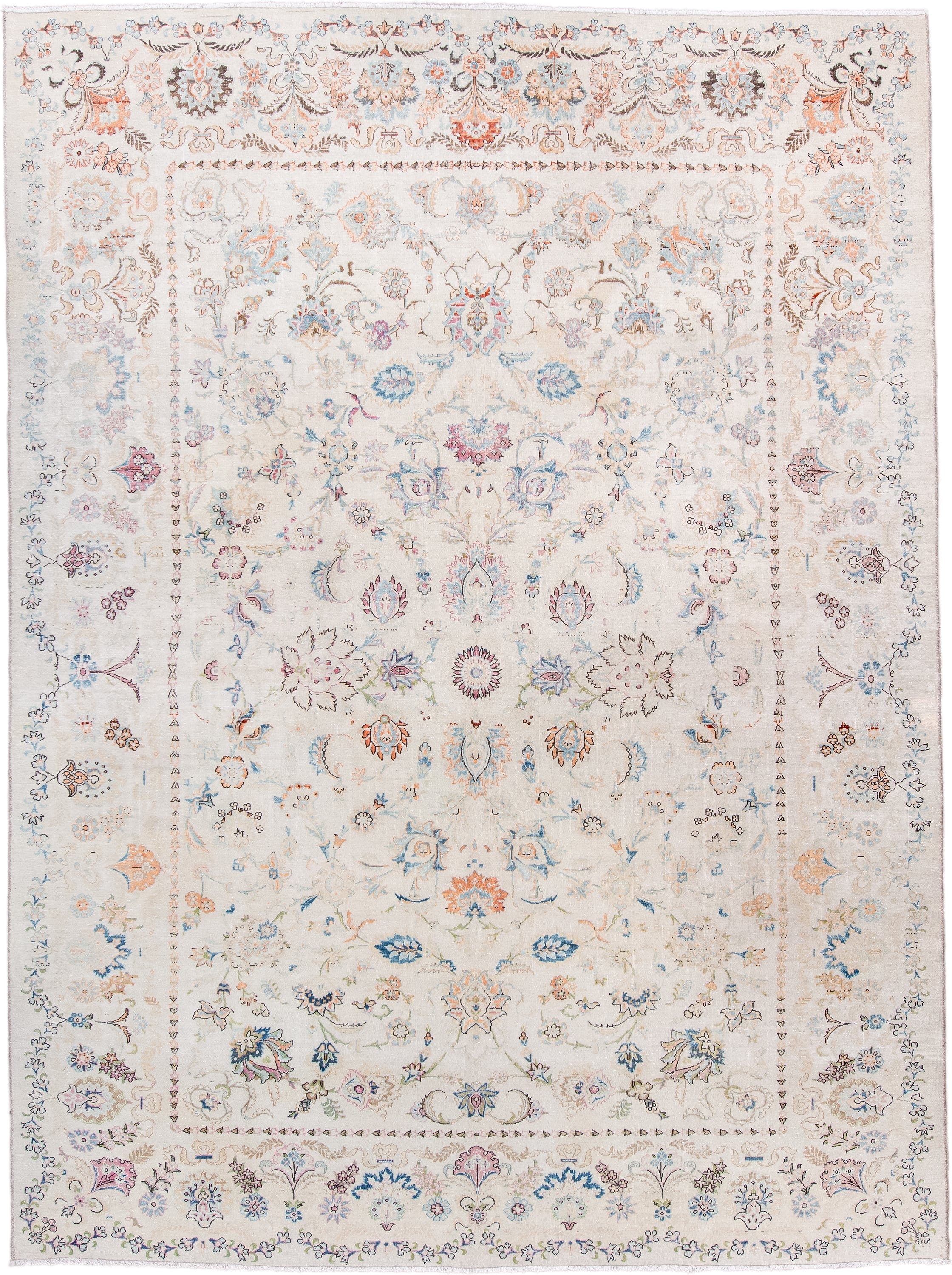 8' x 11' one-of-a-kind handmade vintage  large size rug. Color palette: ivory, sky blue, taupe, blush, rust, sage, brown
